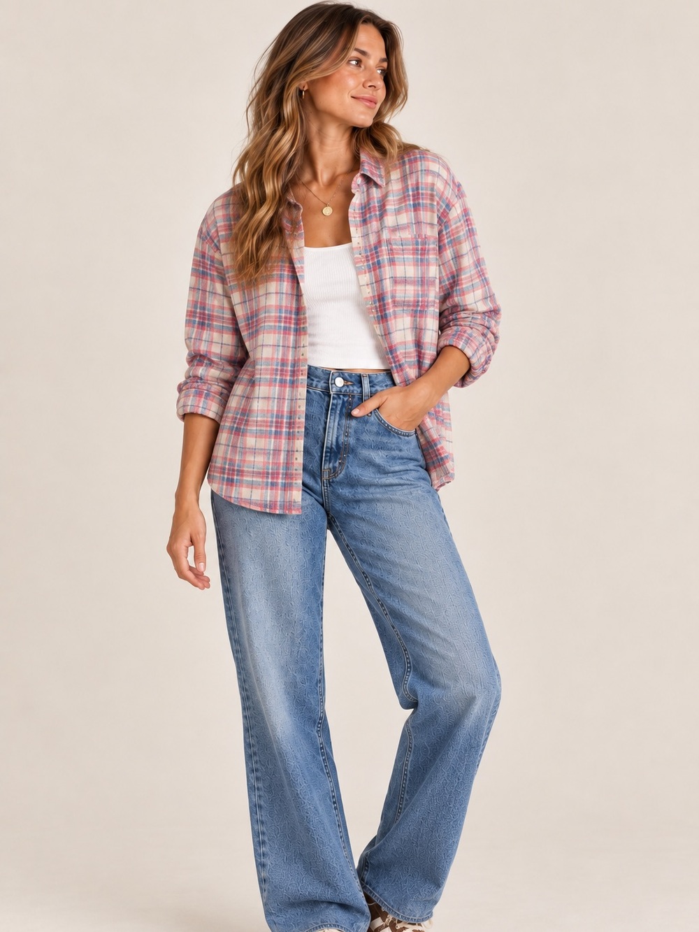 Carly Jean Los Angeles Pink and Blue Plaid Flannel Size M